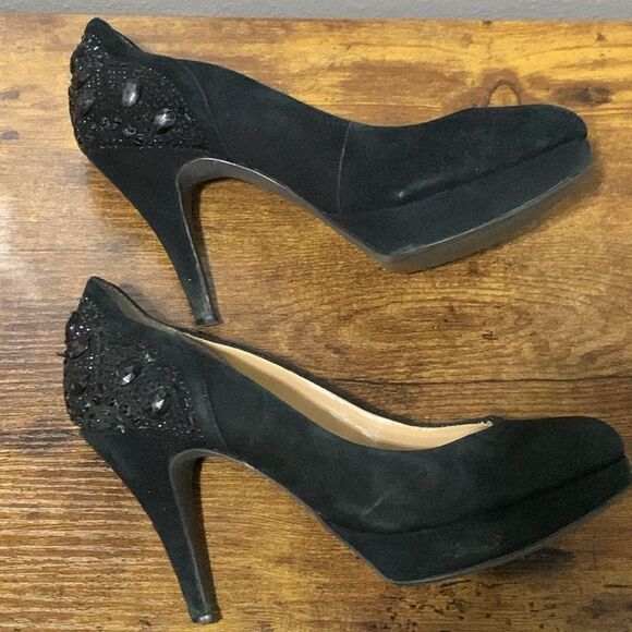 Gianni Bini Brenda Black Suede Rhinestone Platform Pumps  Size 7 - Picture 5 of 8
